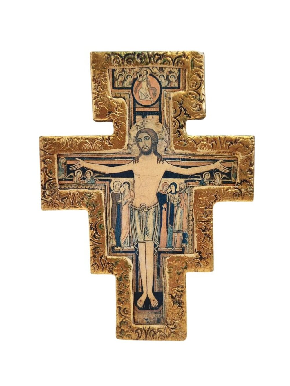 San Damiano Style Wooden Cross With Religious Iconography & Gold Detailing READ